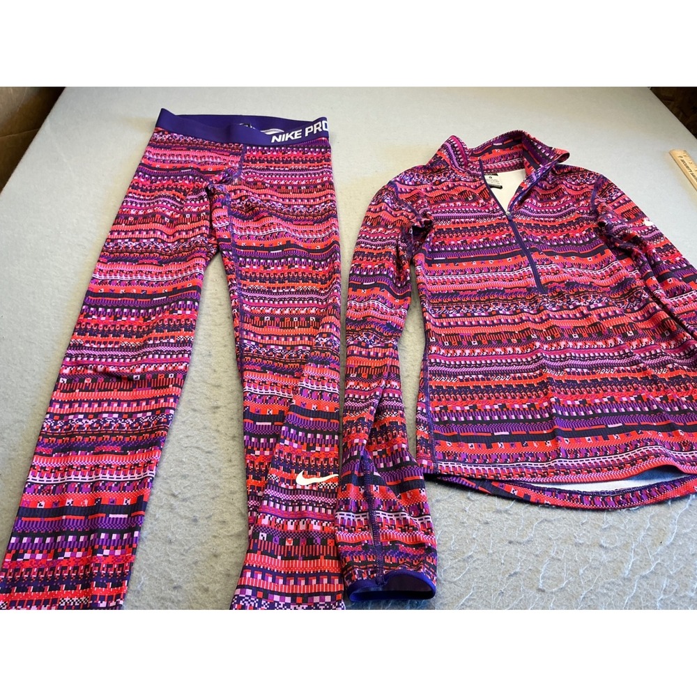 Nike Pro Dri-FIT 2 Piece Set Quarter Zip Pullover Legging Small Geometric Purple